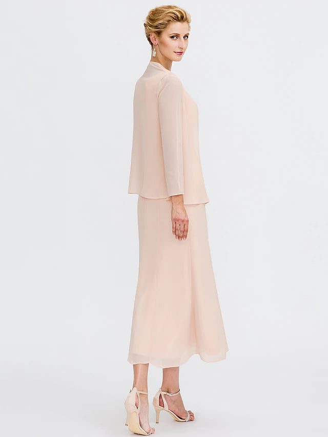 Zweiteiliges Etuikleid/Säulenkleid für die Brautmutter, Übergröße, elegant, Rundhalsausschnitt, knielang, Chiffon, ärmellos, Wickelkleid, inklusive Schärpe/Band, Falten, Perlenbesatz